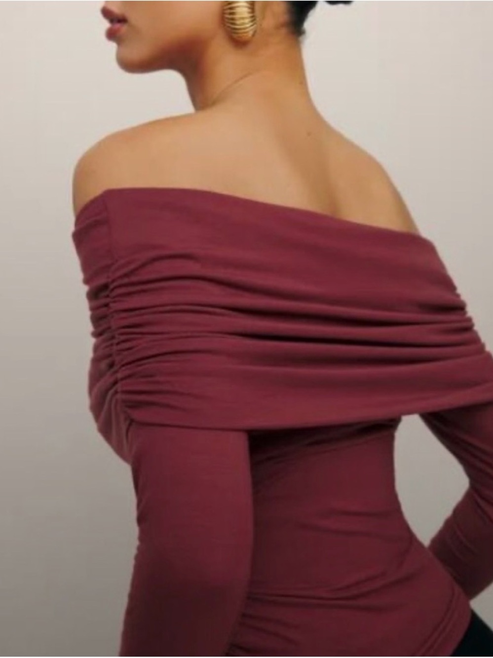 Reformation Off-Shoulder Ruched Long Sleeve Top in Burgundy